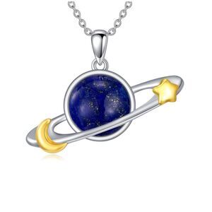 14k Natural Lapis Lazuli Planet and Night Sky Pendant Necklace